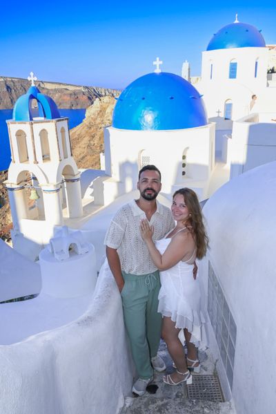 Professional photoshoot at Oia Village in Santorini — photo by G Antoniou, Smiler